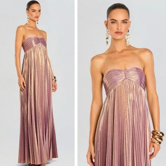 Retrofête Lyanna Metallic Pleated Sweetheart Strapless Maxi Dress Evening Gown - Picture 5 of 15